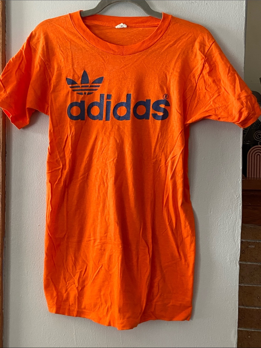 Vintage 80s adidas Orange T-Shirt with Navy Logo, size M vguc